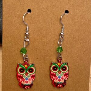 Owl Pink Multicolor Beaded Dangle Earrings
